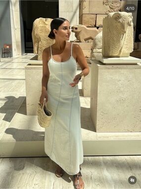 ZARA Cream Denim Maxi Dress XS Contrast Stitch Y2K 90s Minimalist🤍